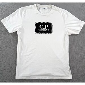 C.P. Company Shirt Men's White Jersey Crew‎ Neck Spell Out Graphic Logo Summer